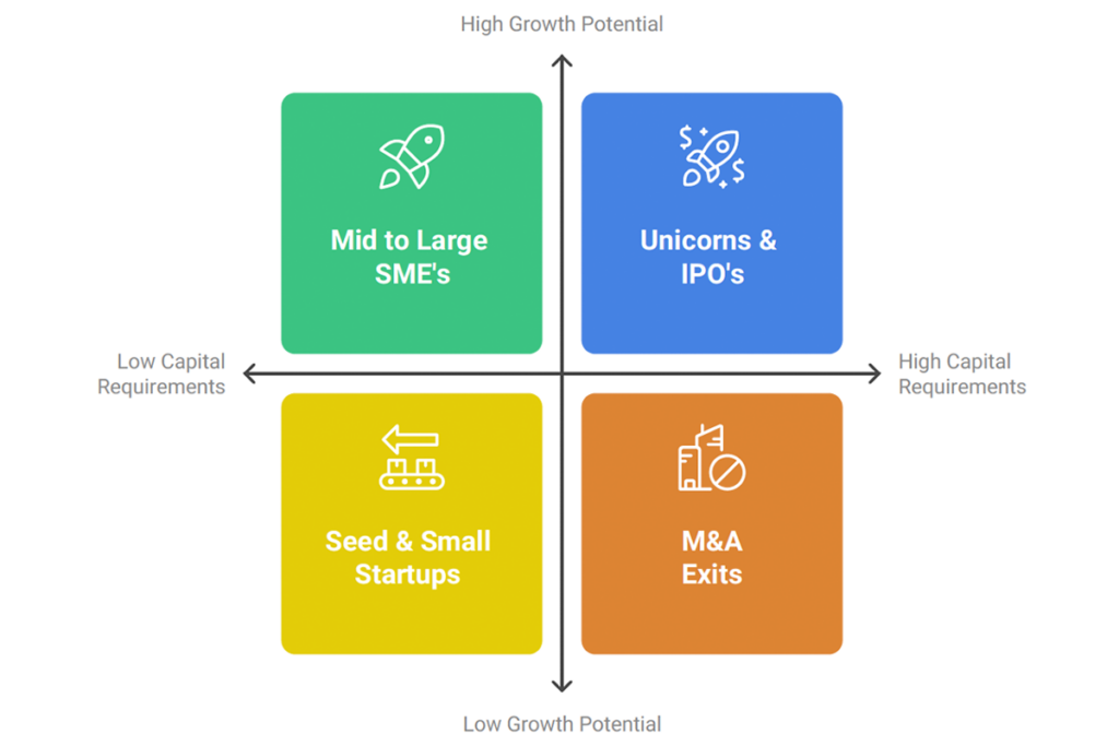 Startup quadrants illustrating different growth and funding paths for startups in Japan